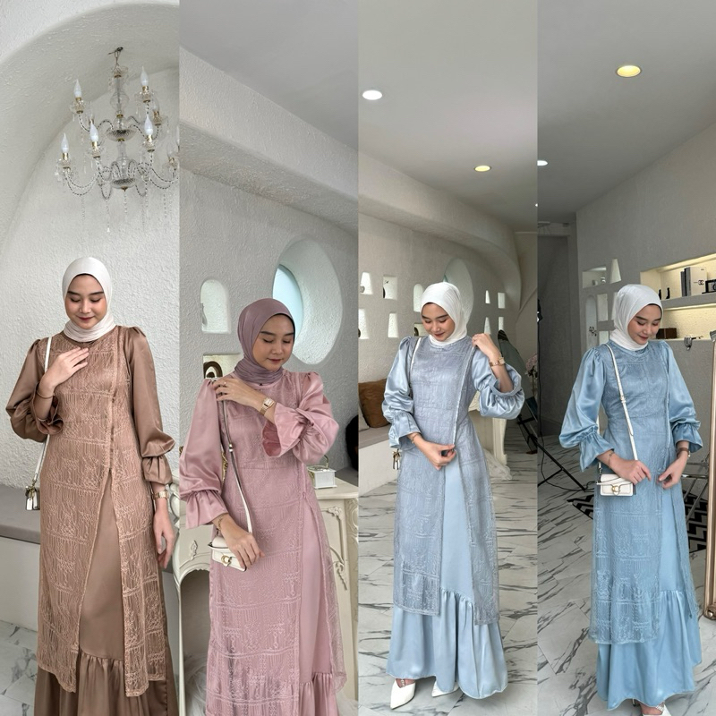 NAYMA DRESS SILK SIZE M L XL XXL DRESS KONDANGAN KEKINIAN BAHAN SATIN MIX BRUKAT BUSUI LD 100-120CM 