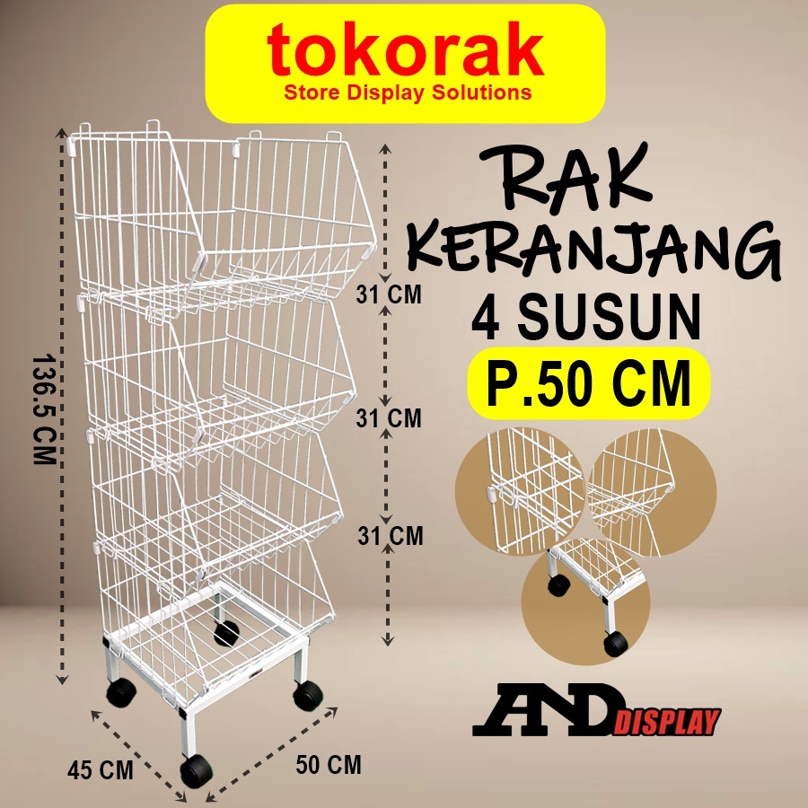 RAK KERANJANG 4 SUSUN 50 CM PUTIH MINIMARKET SUPERMARKET SNACK
