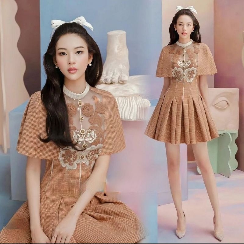 sleeve cape dress skirt motif floral flower vintage simple korean paris parisian europe eropa vintag