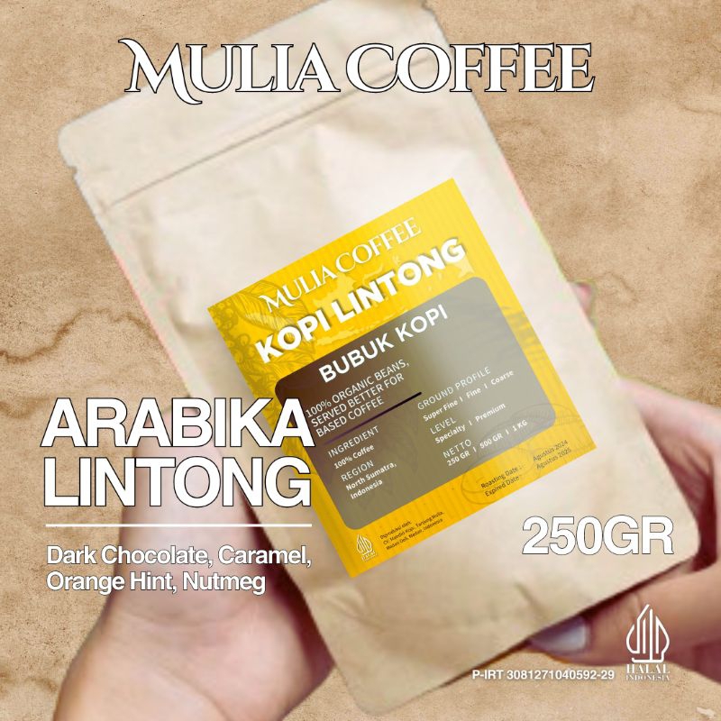 

Kopi Arabika Lintong Premium Mulia Coffee Bubuk Halus/ Biji Roasting 250 gr, 500gr, 1kg