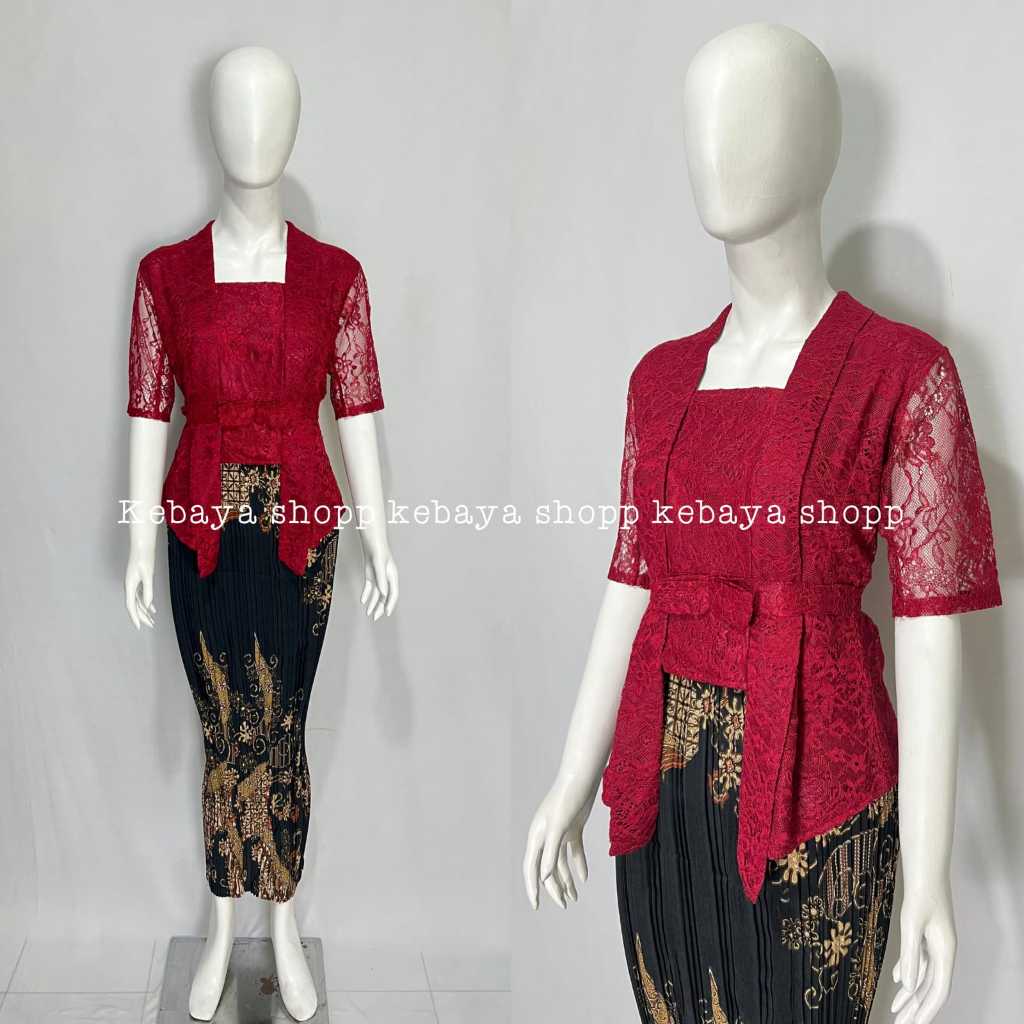 Setelan Kebaya Kutubaru Lengan Pendek Kebaya Brukat Pita Pinggang Mix Rok Plisket Panjang Kebaya Wis