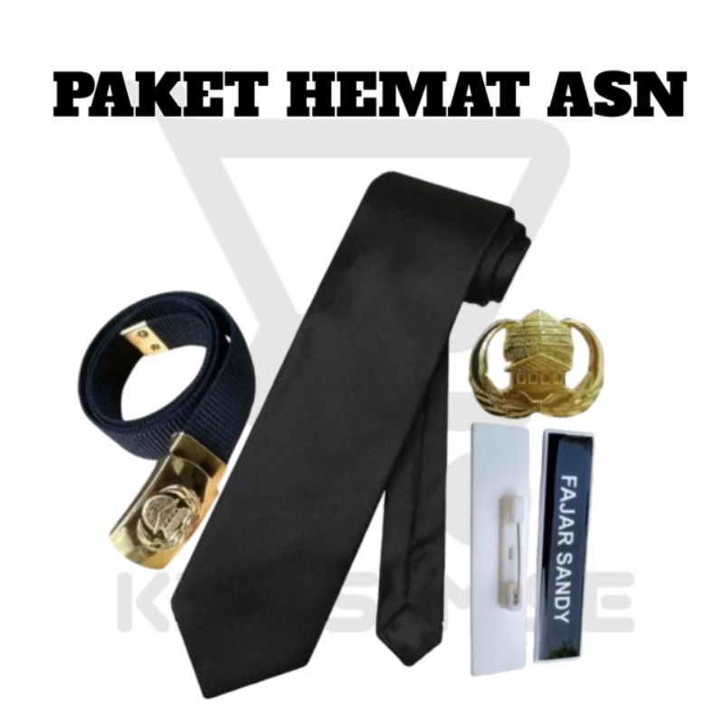 PAKET HEMAT PNS/ASN/Korpri (Nametag, Pin Asn, Ikat Pinggang, Dasi Hitam Polos Manual)