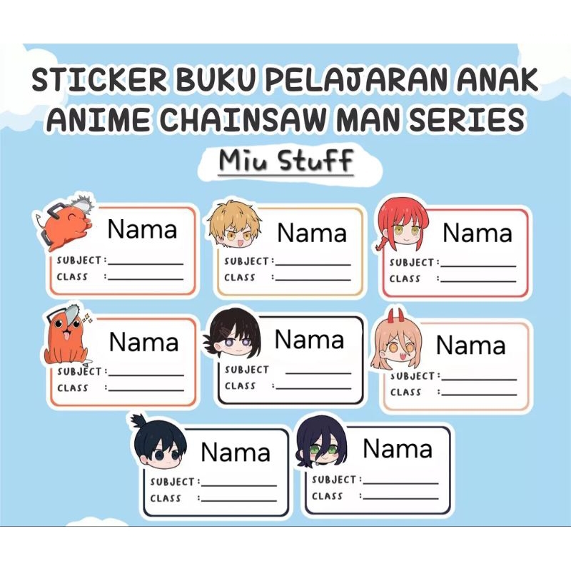 

PO 3-5 hari (Bentuk Kotak) Stiker Sticker Nama Anak untuk di tempel di buku tulis atau buku paket Pelajaran gambar anime chainsaw man