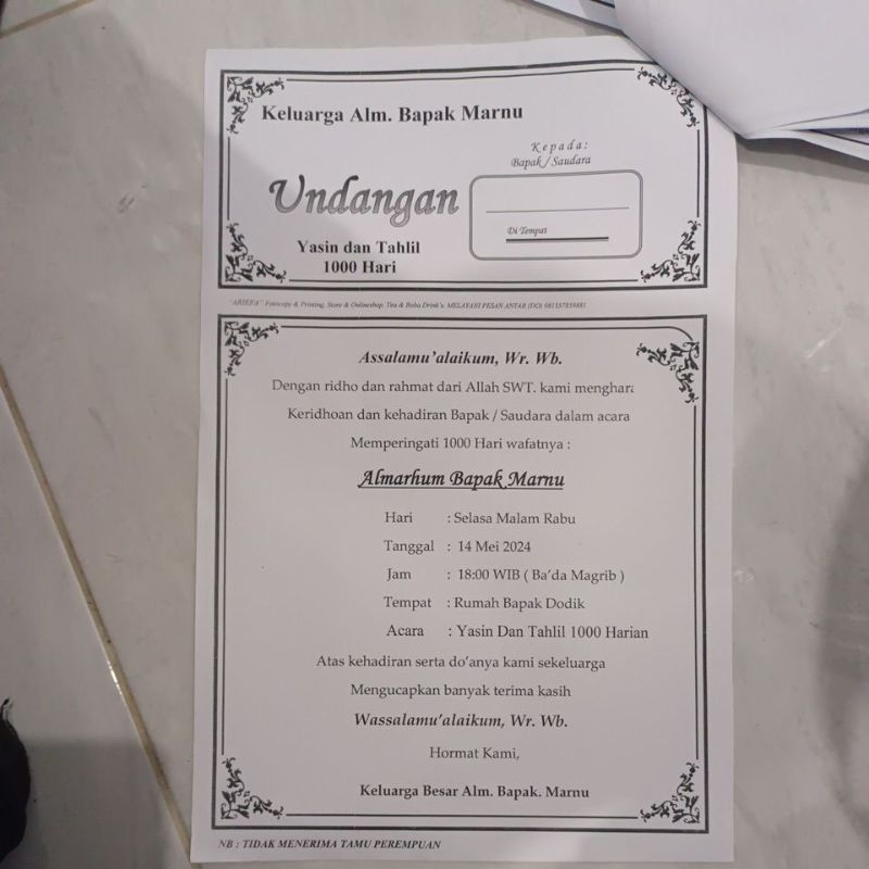undangan besar f4/A4 full bisa custom untuk 7 hari 40hari 100hari 1000 hari. walimah aqiqoh ursy dll