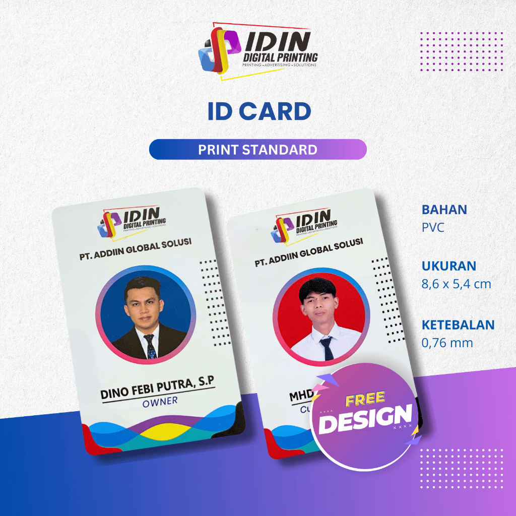 

ID Card Custom Cetak Printer Biasa 1 Sisi atau 2 Sisi Free Design - Percetakan Idin Digital Printing