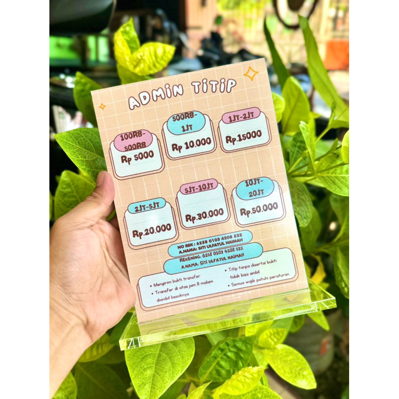 

PAPAN MEJA AKRILIK BIAYA ADMIN TITIP UKURAN 15x20CM BISA CUSTOM