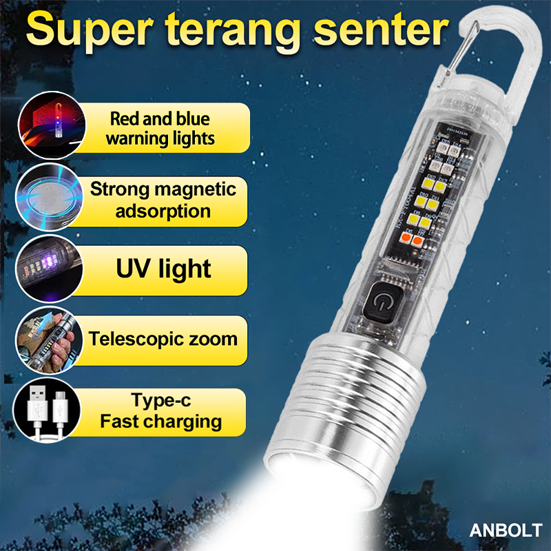 【Ready stock】ANBOLT Senter T51 Super Terang 8 Mode With UV Senter Kecil Jarak Jauh LED Tahan Air Sen