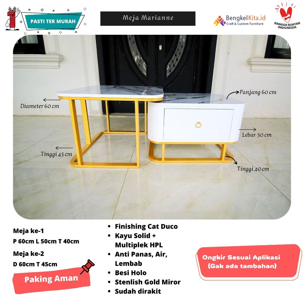 Meja Tamu Aesthetic Meja Sofa Susun Kotak - MEJA MARIANE - Set Laci Kayu Solid Duco Glossy