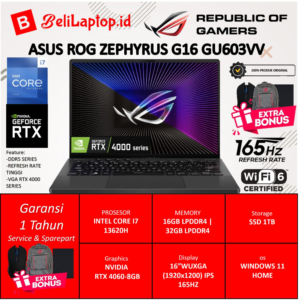 ASUS ROG ZEPHYRUS G16 GU603VV INTEL CORE I7 GEN13 RTX 4060-8GB 16.WUXGA