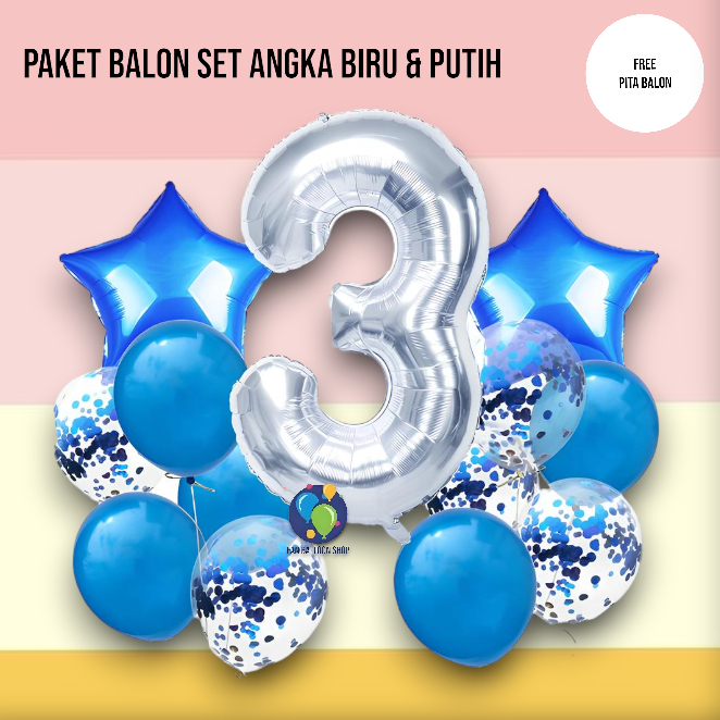Paket Balon Biru Putih Angka / Set Dekorasi Ulang Tahun Anak