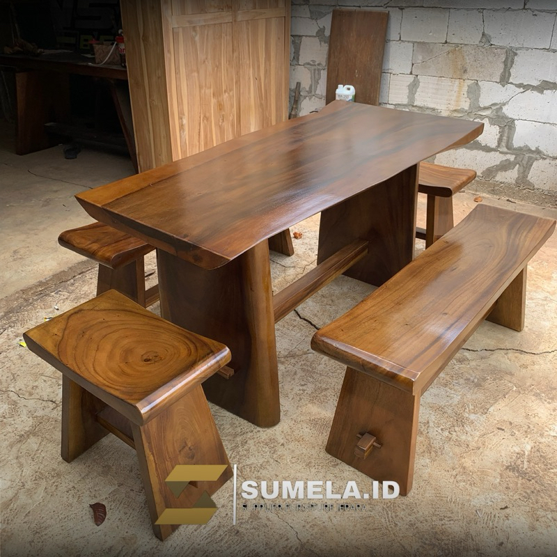 meja makan kayu solid tanpa sambungan(set meja makan)