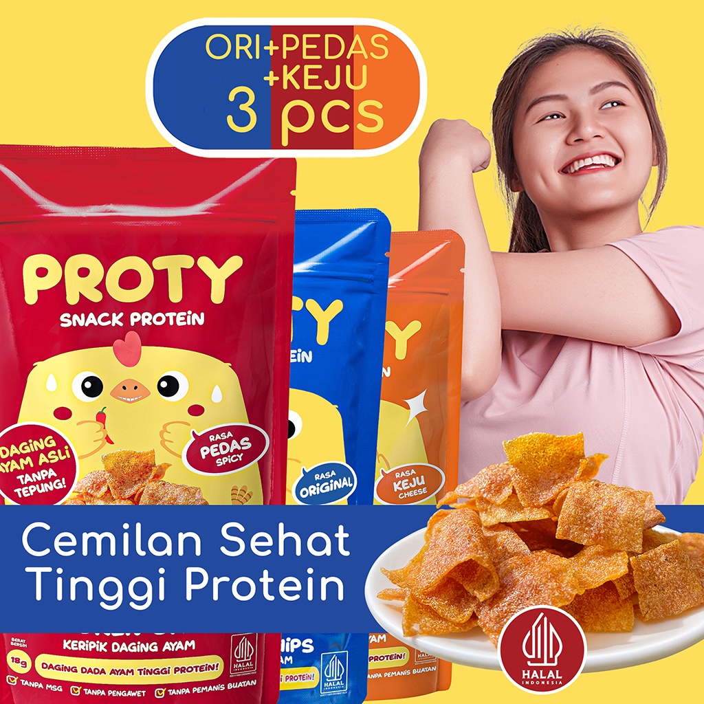 

PROTY Cemilan Chicken Chips Ori(1 pcs)+Pedas(1 pcs)+Keju(1 pcs) Tinggi Protein Rendah Kalori