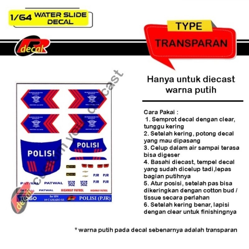 T060 Decal Hotwheels Transparan 1/64 10 Camaro SS Polisi PJR