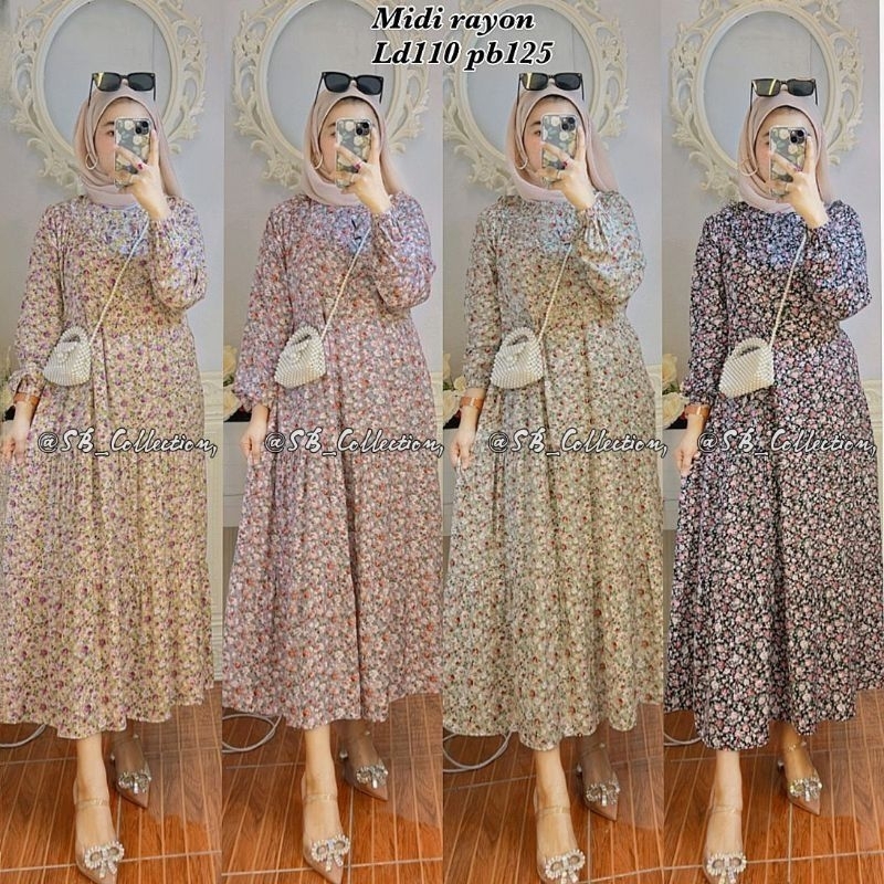 Gamis Midi Dress Rayon Armor premium Bunga kecil