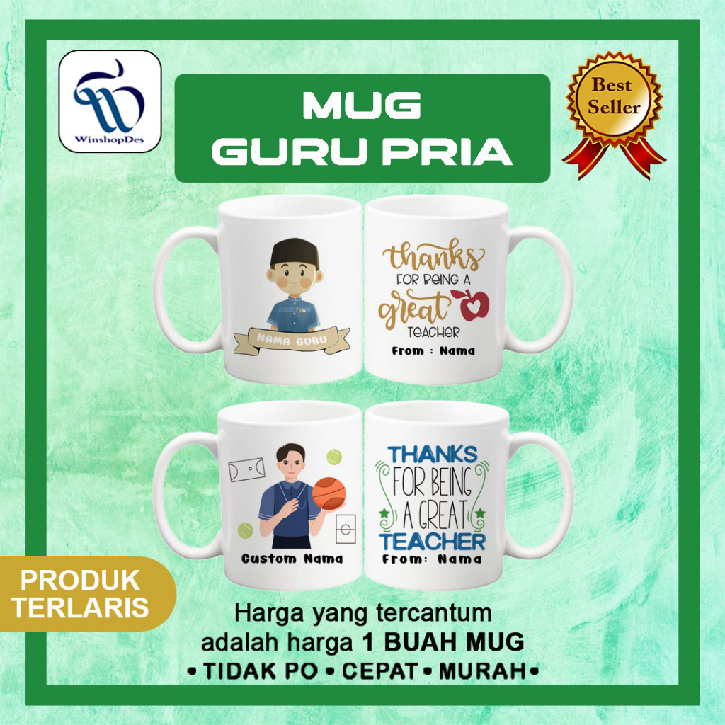 Mug Custom Tema Guru / Kado Guru / Hadiah Guru - terima kasih guru / MUG GURU COWOK  / MUG GURU