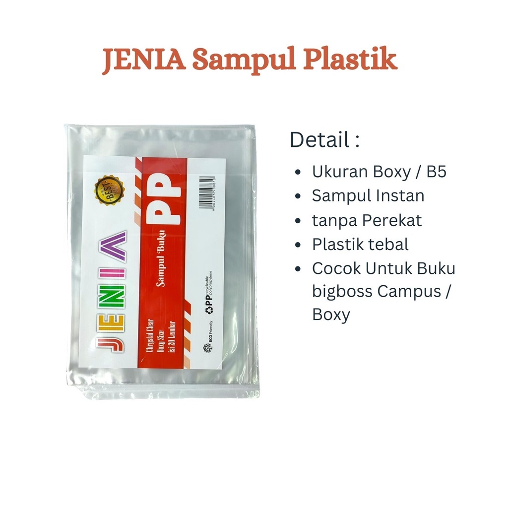 

Sampul PLASTIK JENIA BOXY / B5 untuk Buku Besar (big boss Campuss) Tebal Best Quality - Per Pak ( 20 Lembar )