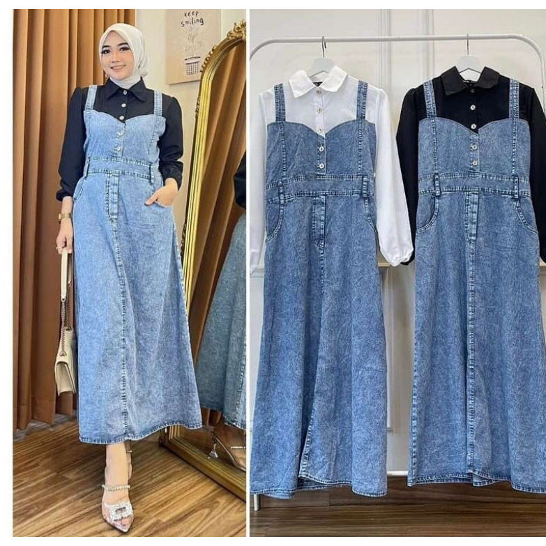 chloe dress - Bahan : jeans mix katun Dress Overall Terhits Masa Kini Dress Murah 2024 Baju Kodok Mo
