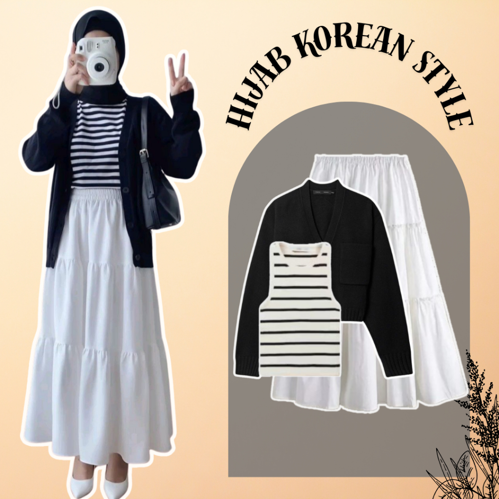 SET 3 IN 1 HIJAB KOREAN STYLE OOTD KAMPUS OOTD WANITA KEKINIAN (Cardigan, Inner, Rok Ruffle)