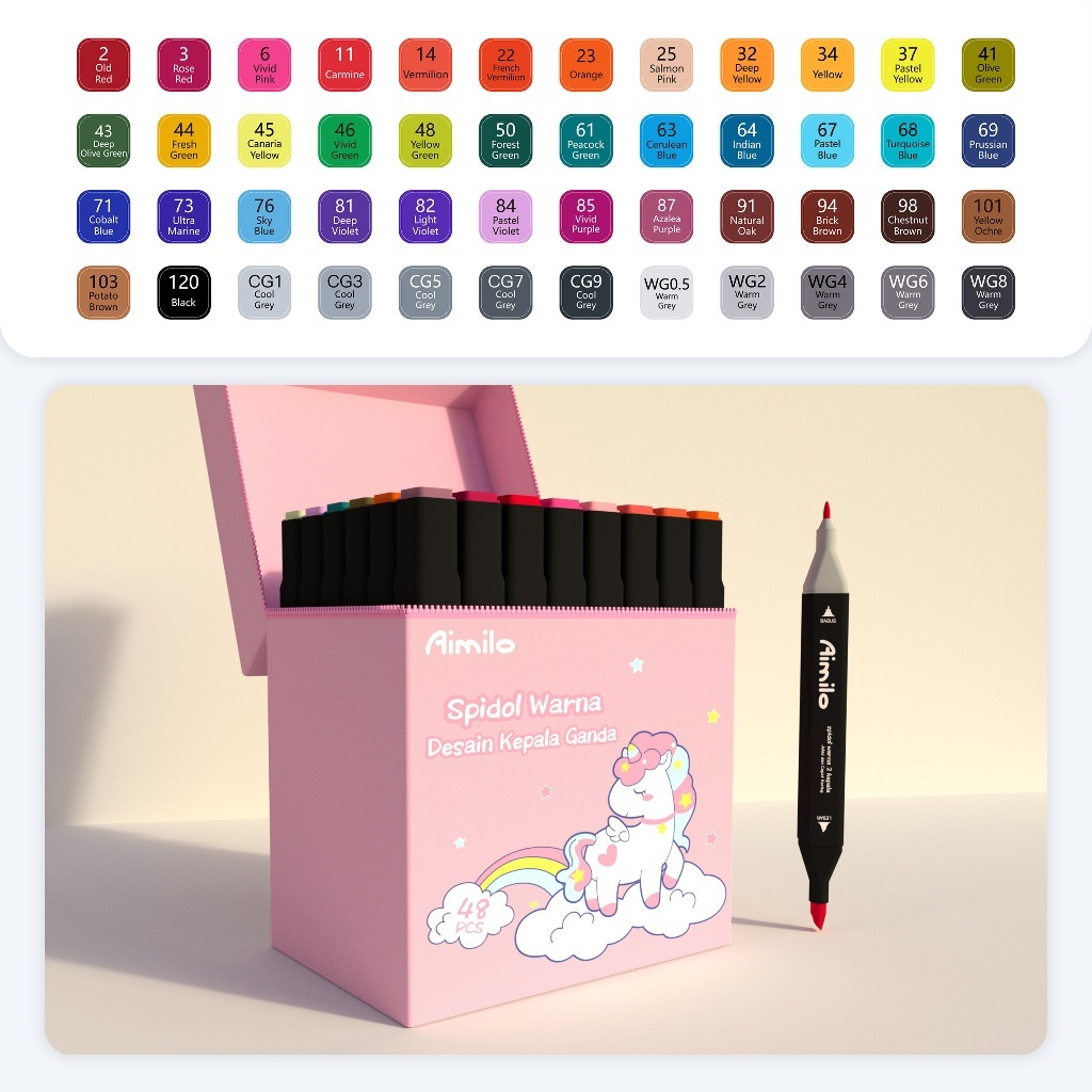 

Spidol Warna Warni 1 Set kemasan kartun Sketch Marker 2 Tip Touch Marker 48/60/80 Warna