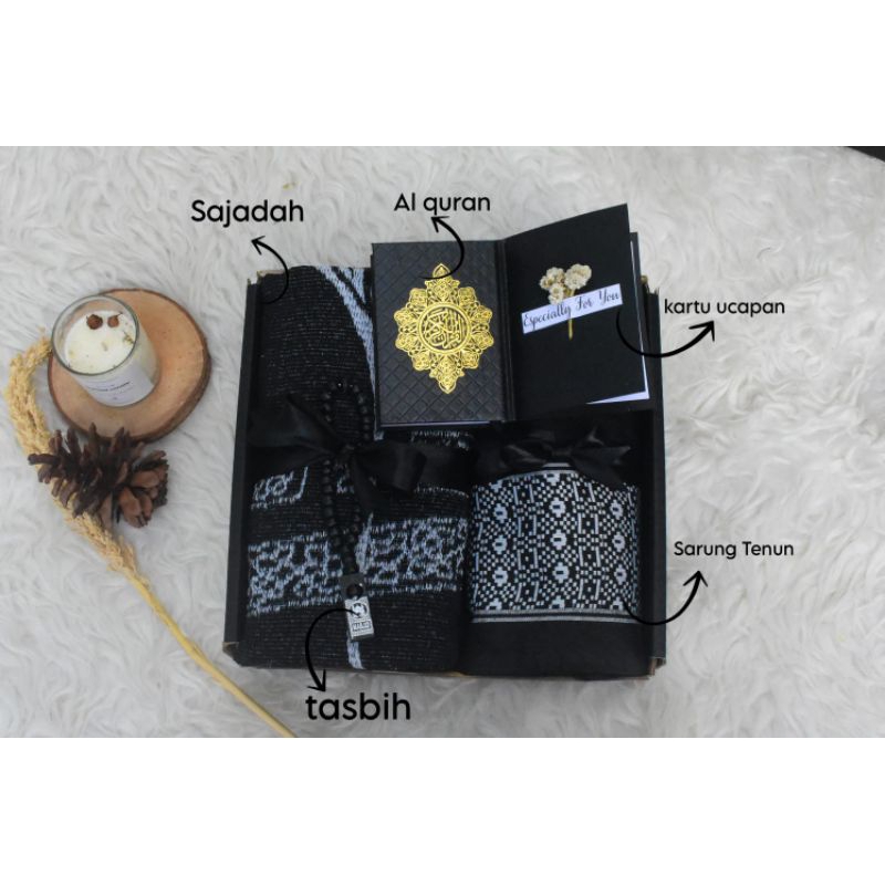 Hampers kado cowok black hitam premium sarung sajadah alquran tasbih ulang tahun pacar pernikahan