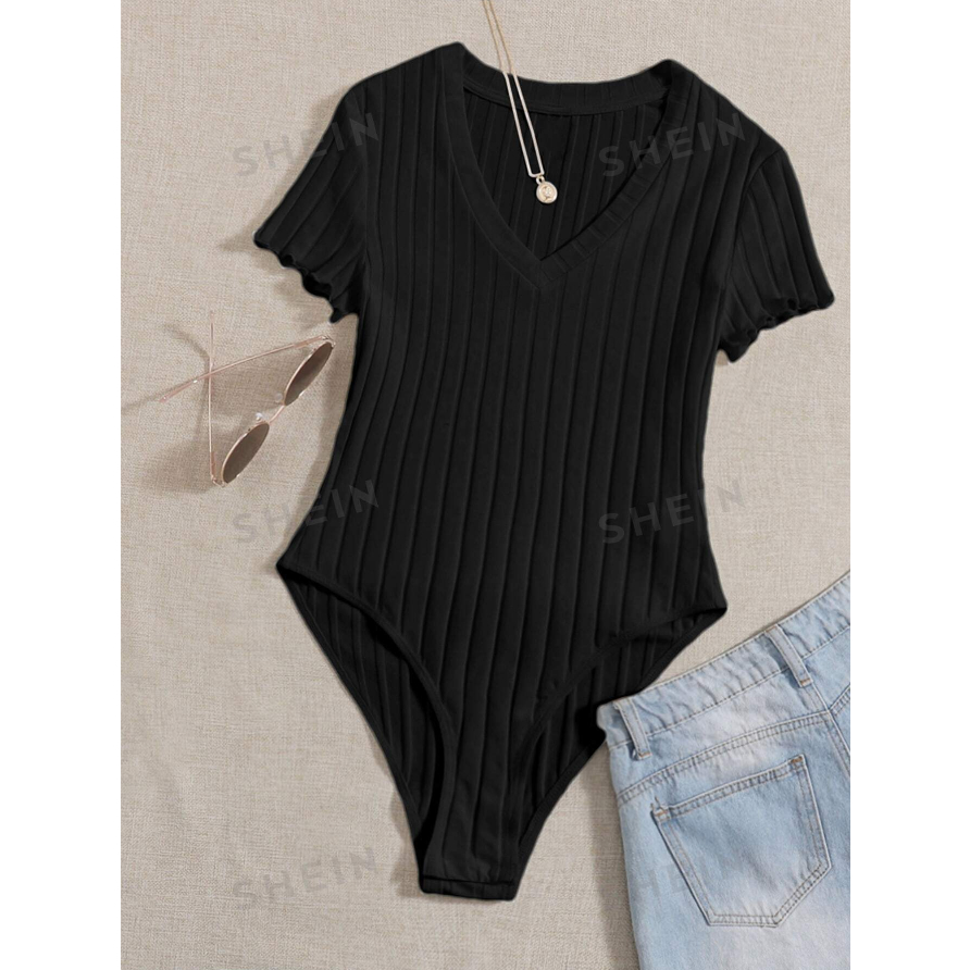 SHEIN EZwear Solid Ribbed Knit V Neck Bodysuit For Summer