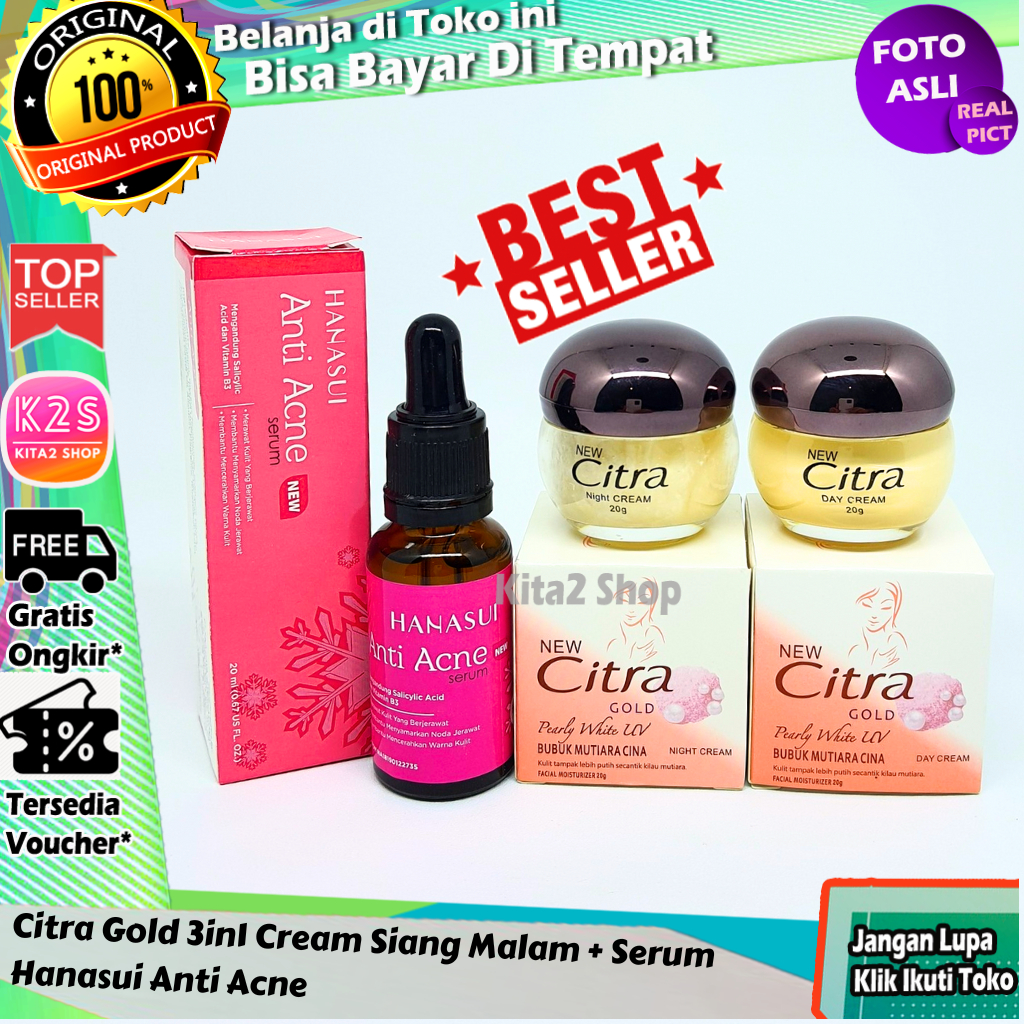 [ Perawatan Jerawat ] Citra Gold 3in1 Cream Siang Malam + Hanasui Serum Acne Original COD Kita2 Shop