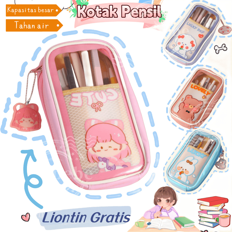 

[Liontin Gratis]Pencil Case /Pensil Cute Tempat Pencil/Tempat Pensil Motif Kartun Lucu Korea /Tempat Pensil Transparan Pvc /Kotak Penyimpanan Multifungsi Lucu/Multilayer Anti Air Stationery Case Tempat Pensil