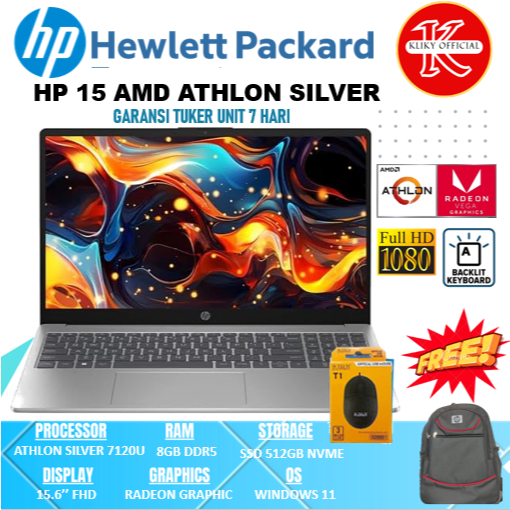Laptop Editing HP 15 AMD Athlon Silver 7120U Ram 8 GB Ssd 512 GB Layar 15 Full HD Silver Baru