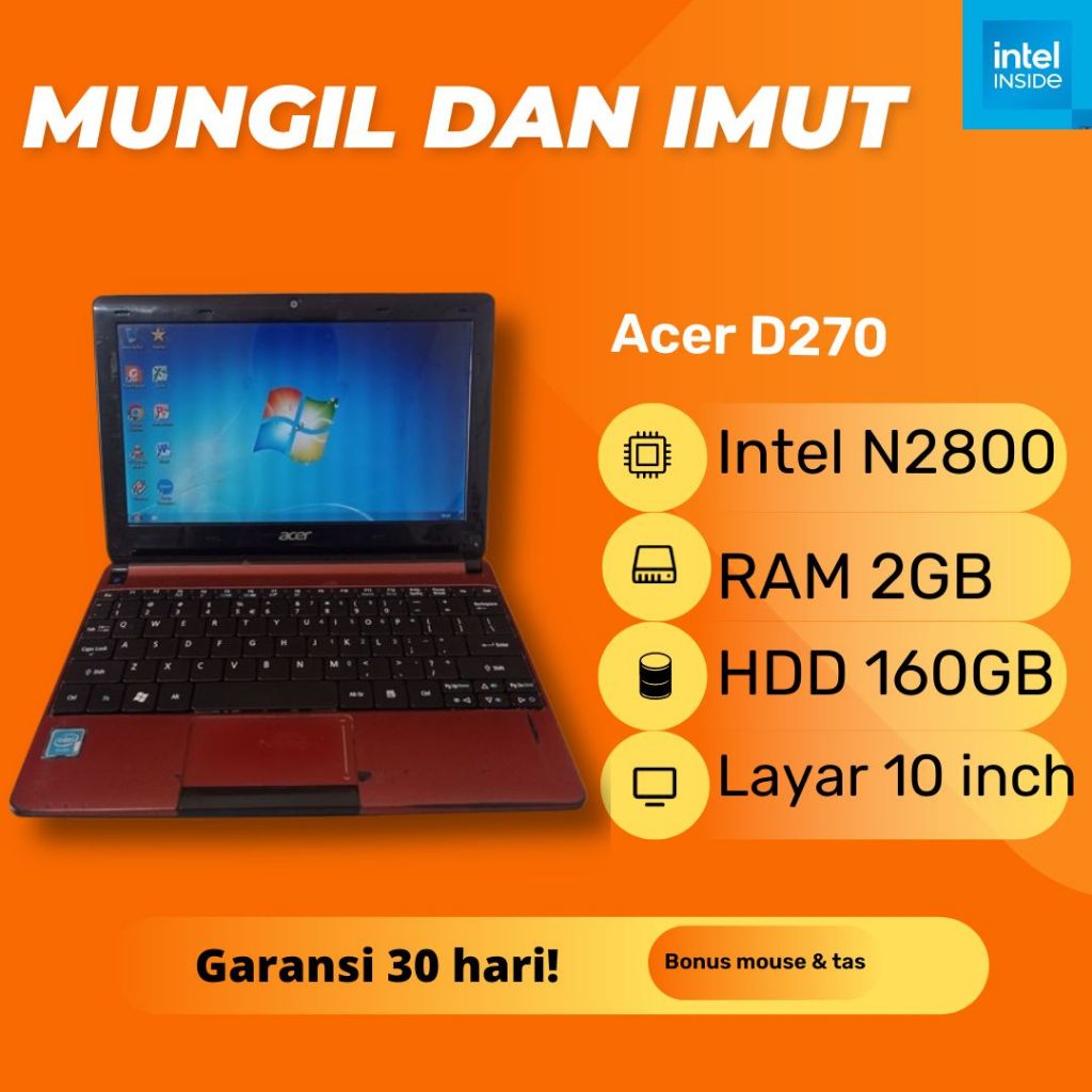 Acer Aspire D270 RAM 2 GB Warna Merah Netbook Notebook Second Bekas