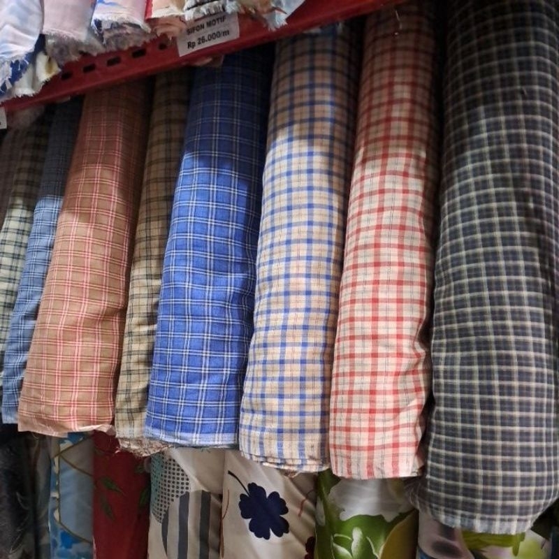 kain meteran bahan katun linen motif kotak