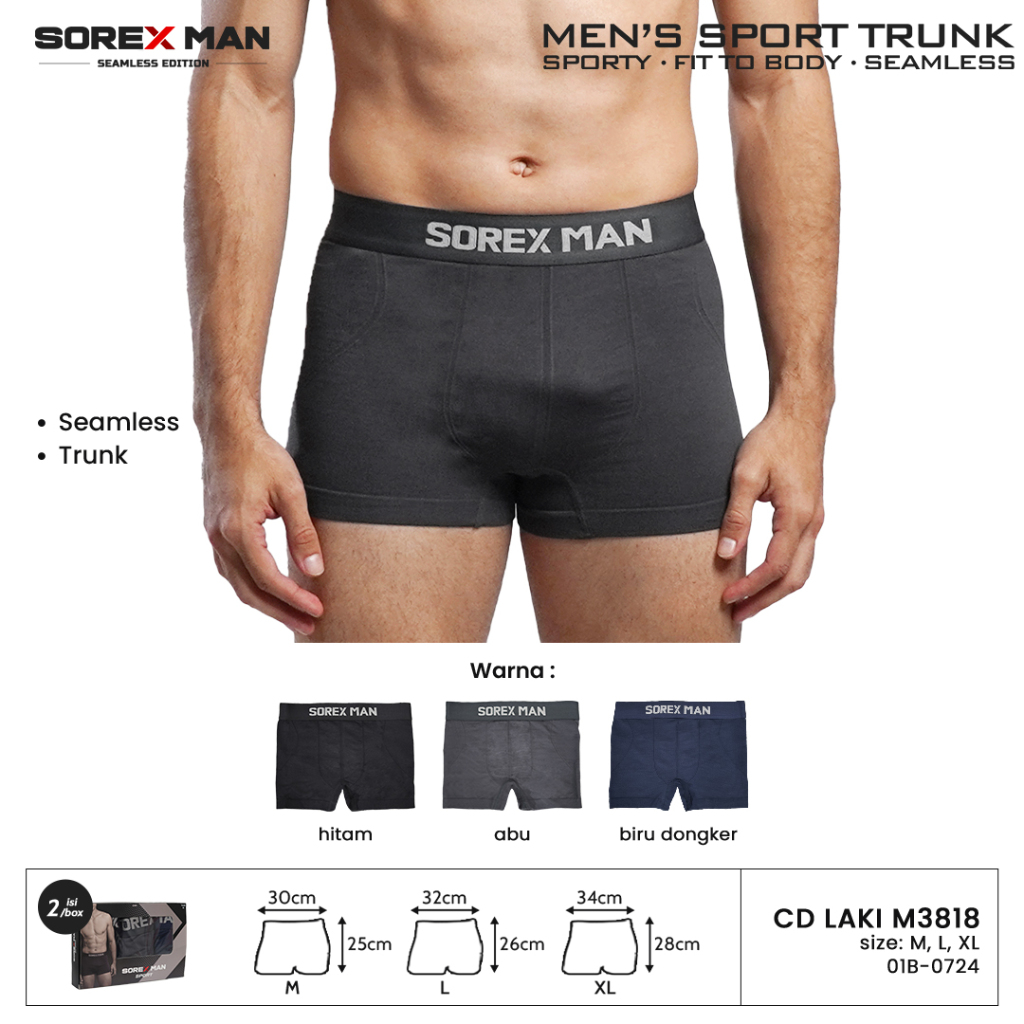 (1 Kotak isi 2 Pcs ) Sorex Man Trunk Boxer Sport Pria CD LK M3818 ( M 3818 )