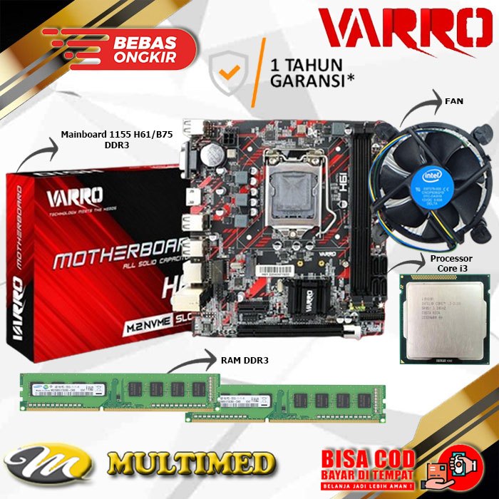 Paketan Mainboard LGA 1155 H61 + Processor Intel Core I3-3220 + RAM