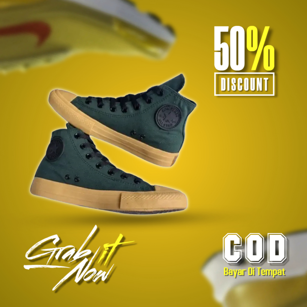 Sepatu Sneakers Pria Wanita All Star CT High Warna Hijau Army Gumb