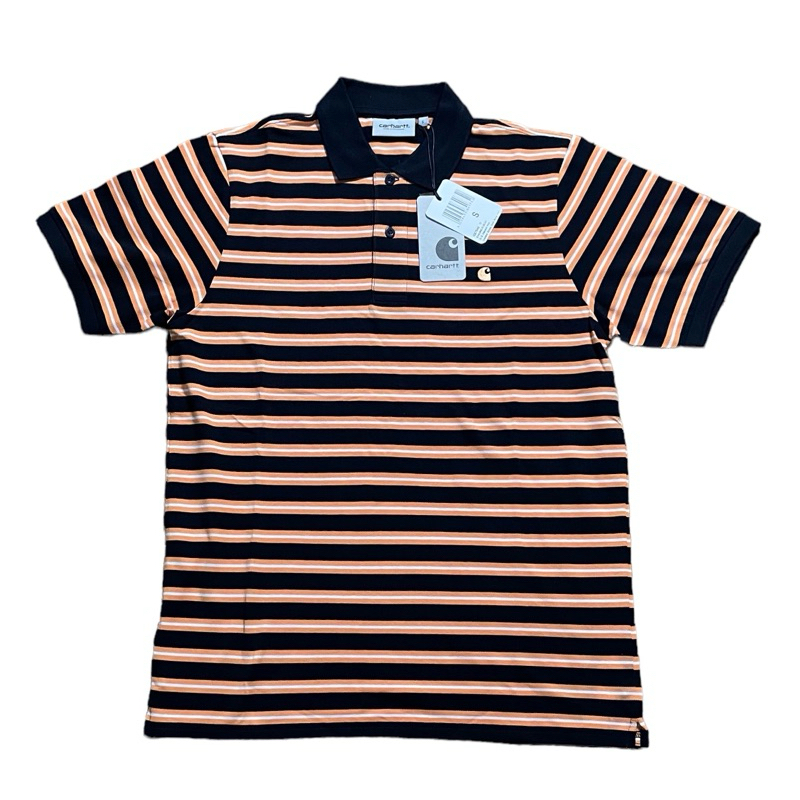 CARHARTT OAKLAND STRIPE POLO SHIRT IN DARK NAVY / POP ORANGE