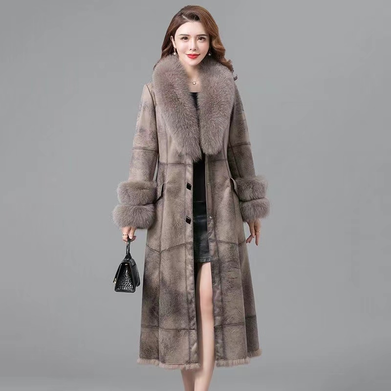 New 100% Whole Leather Real Rabbit Fur One-piece Coat Lengthened Real Fox Fur Collar Fur Coat Women'