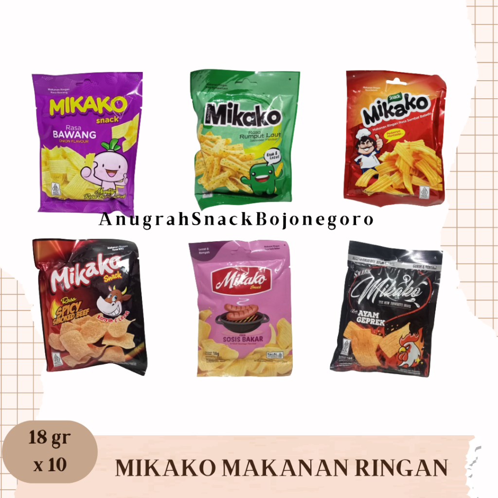 

Mikako Makanan Ringan 18gr x 10 (Bawang / Rumput Laut / Sambal Balado / Spicy Smoked Beef / Sosis Bakar / Ayam Geprek)