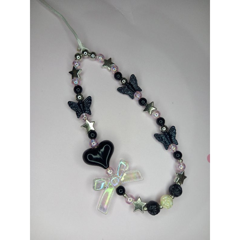 Phone Strap Black | phone strap love hitam | phone strap kupu | manik manik kupu2 hitam | manik mani