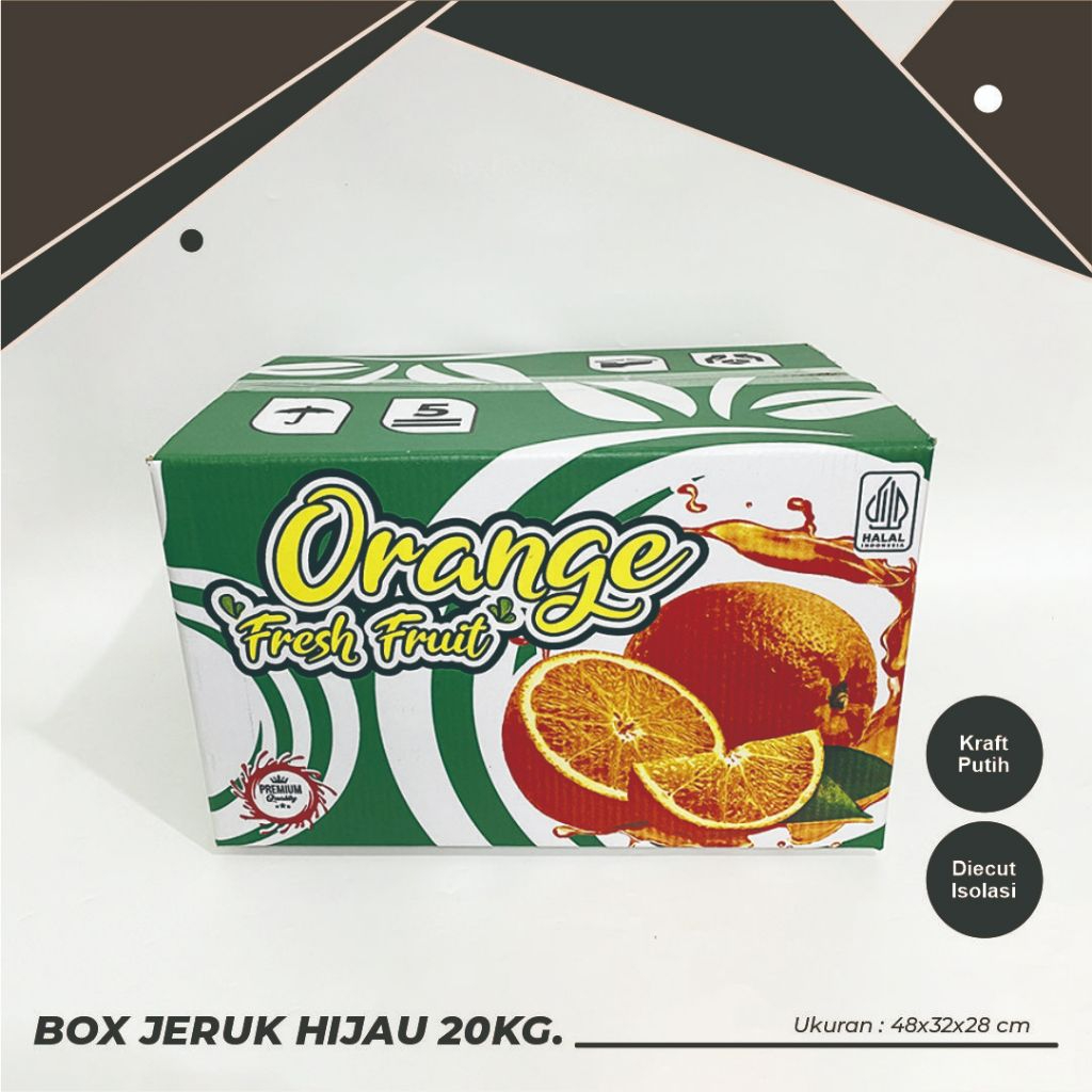 

BOX/KARDUS JERUK HIJAU "ORANGE FRESH FRUIT" MUAT 18-20 KG (FREE PARTISI LAYER Z) - A1/boxbuah/kardusbuah/boxjeruk/kardusjeruk/jeruk20kg