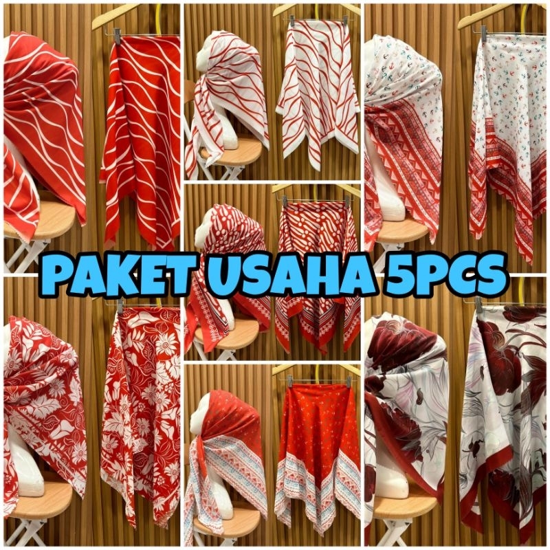 Paket Usaha 5pcs_Segi 4 Voal motif Merah putih , Ala denay dan jurney