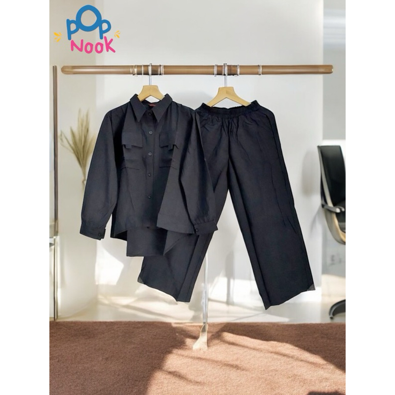 PopNook - Casual one Set tunik celana Kekinian polo linen