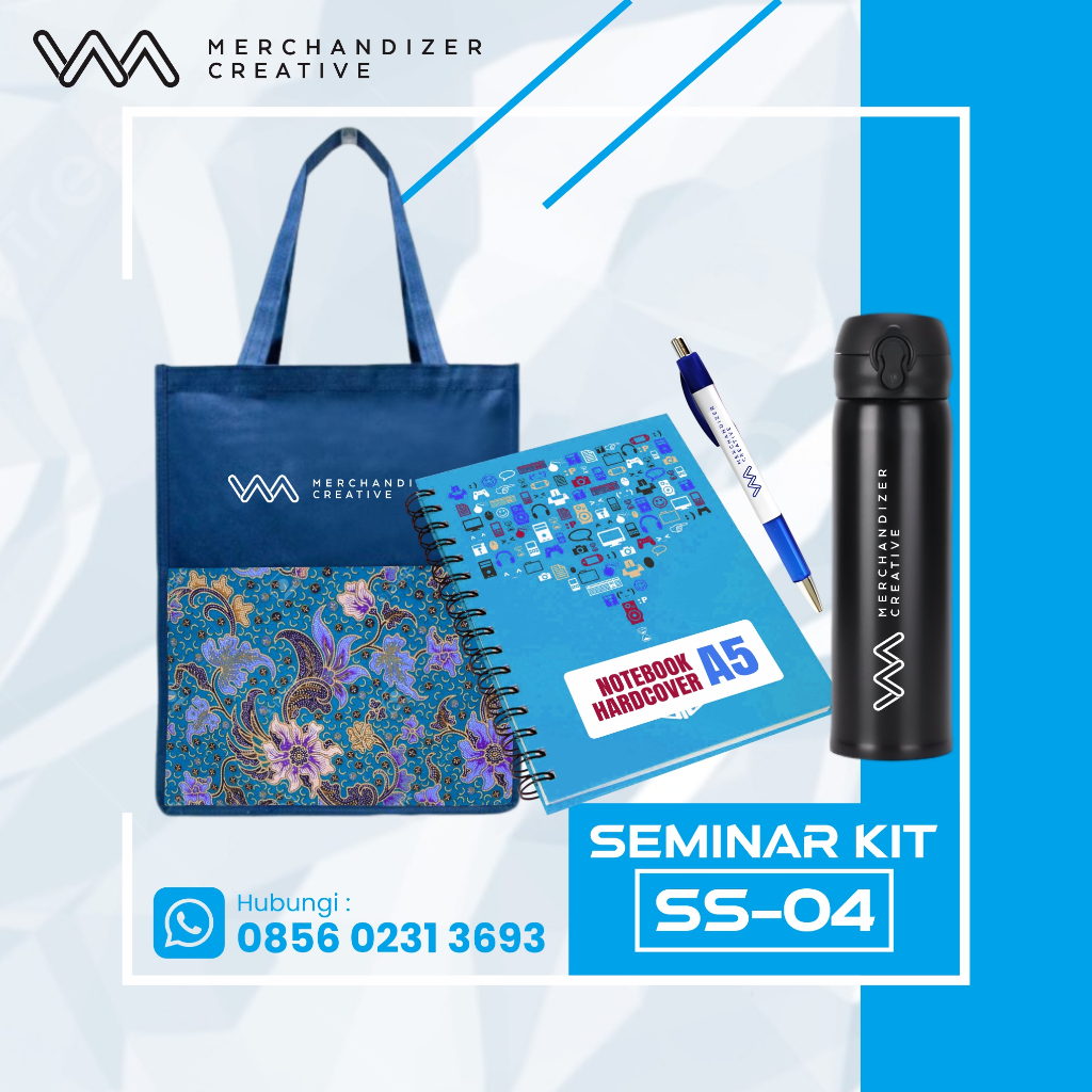 

Tas D300, Tumbler TC 202, Notebook Hardcover A5, dan Pulpen Sablon - Custom Desain Seminar Kit
