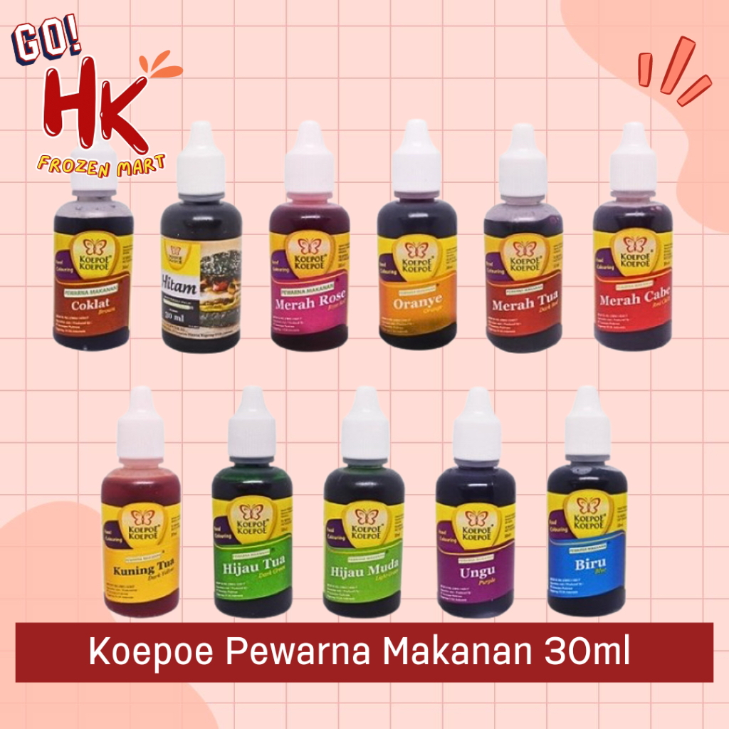 

Koepoe Kupu Pewarna Makanan 30ml Hijau Merah Kuning Tua Cokelat Ungu Biru Hitam food color HK Frozen