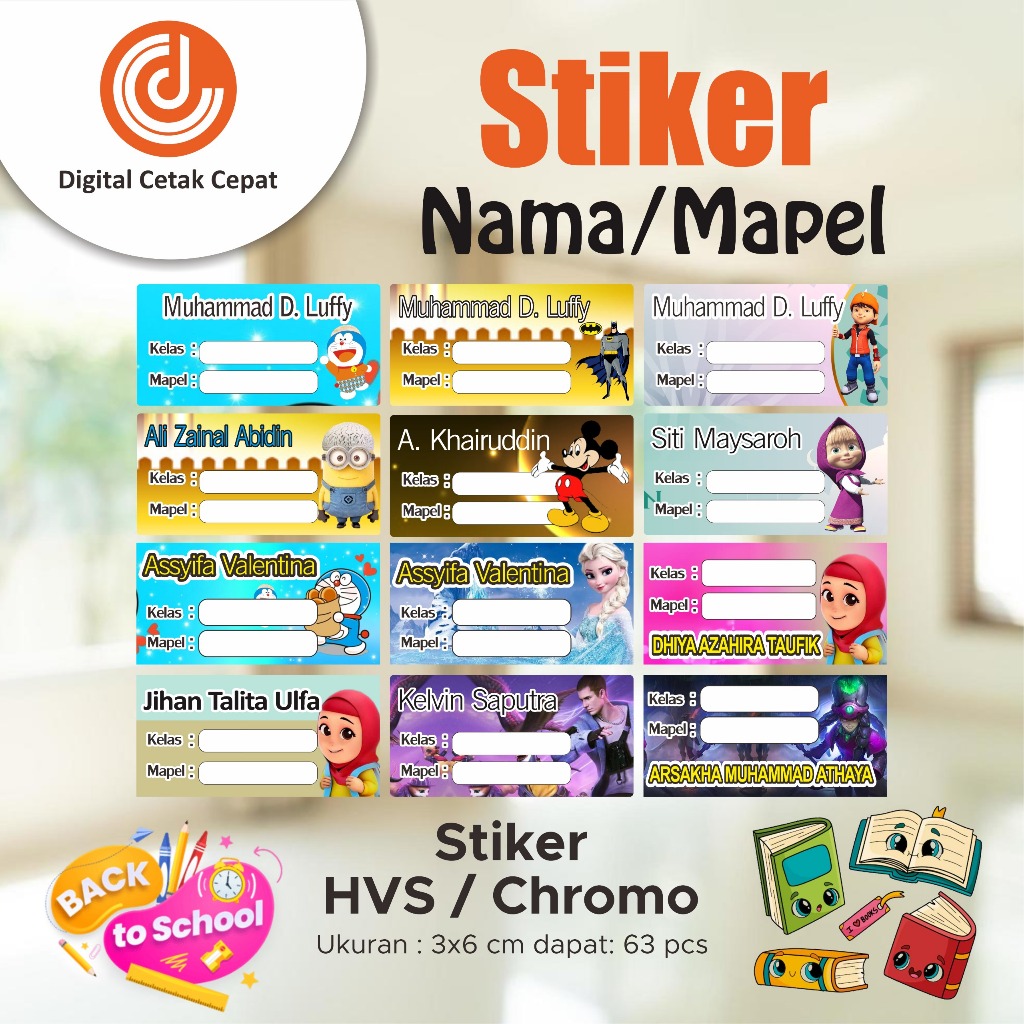 

Stiker HVS/KROMO Nama Mata Pelajaran Kelas Siswa Bisa Ditulis Custom