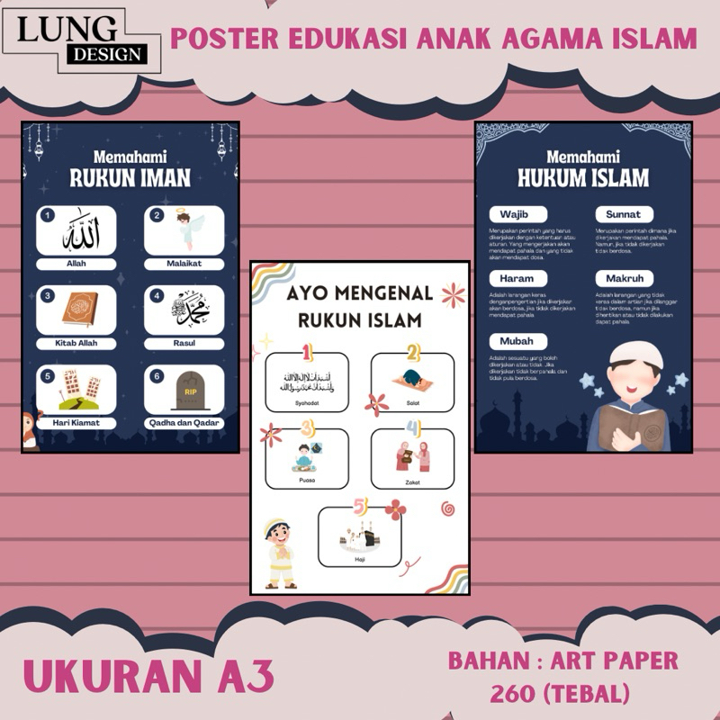 PAKET Poster Pendidikan Anak Usia Sekolah Pendidikan Anak SD SMP EDUKASI AGAMA ISLAM / poster Edukas
