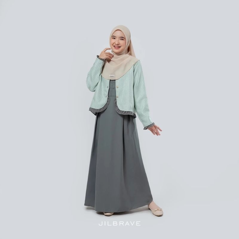 [M—Jade Green] JILBRAVE Reina Dress Gamis Outer Tweed Premium Korean Feminine Elegant Style