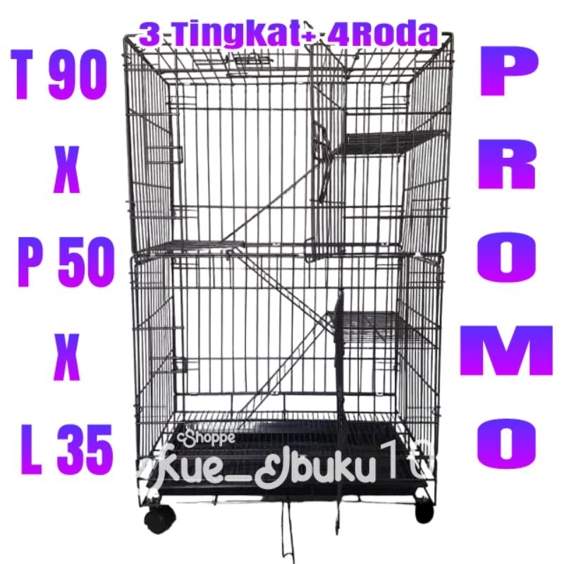 KANDANG KUCING MURAH Tingkat 3 + Roda Size 90×50×35 CM Sangkar Kurung