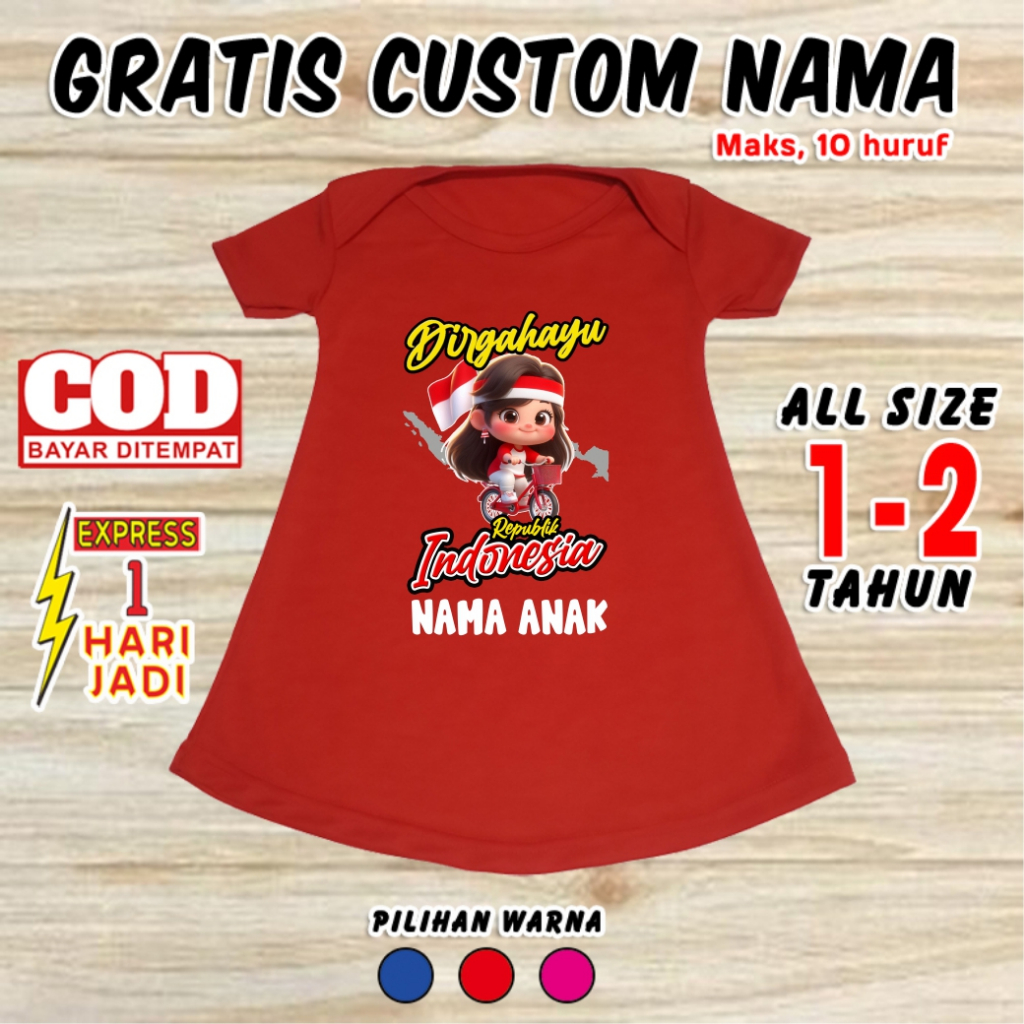 Dress Anak Perempuan INDONESIA GRATIS CUSTOM NAMA Baju Balita Cewek 17 Agustusan Dirgahayu Kemerdeka