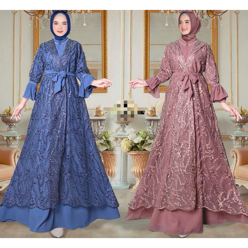 (Jamin RealPict)2IN1 Dress INNER+Outer Brokat Tille Premium/FRee Belt/Gamis Kondangan/Gamis Pesta/Ga
