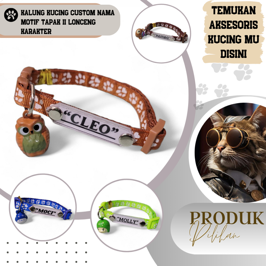 Kalung Kucing Custom Nama Motif Tapak Papan Akrilik Lonceng Karakter Unik Lucu Aman Dipakai Tipe II