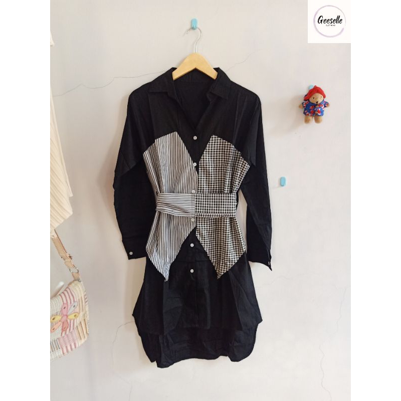 [GEESELLE] DRESS WANITA CASUAL COTTON KATUN TWEED TALI PITA MIDI DRESS KERJA FORMAL KERAH KANCING KO